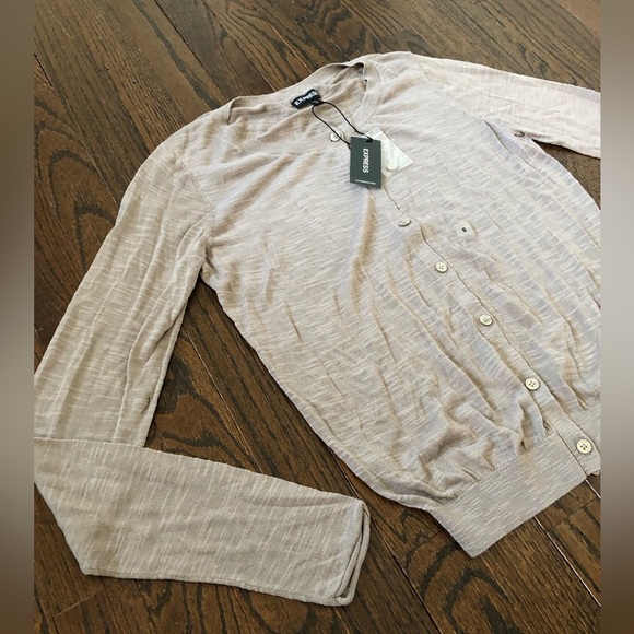 *NWT* Express Women’s S Tan/Light Brown Semi-Sheer Button-Down Crewneck Cardigan - Picture 2 of 10